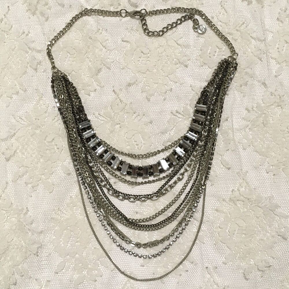 Silver tone Multi Chain Drapey Statement Necklace Waterfall Rhinestones Elegant